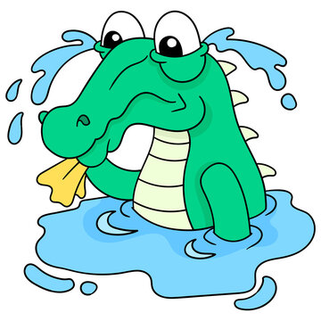 The Crocodile Was Sad Crying A Lot Of Stagnant Pool Water. Doodle Icon Image Kawaii