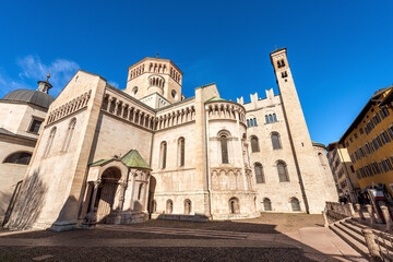 Fototapeta na wymiar The Medieval San Vigilio Cathedral (Duomo di Trento, 1212-1321) in Romanesque and Gothic style, Trento downtown, Trentino-Alto Adige, Italy, Europe.