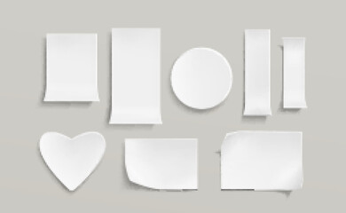 White paper stickers, blank round, rectangle and heart shape sticky notes. Vector realistic set of empty glued labels with curl corners, adhesive tags isolated on gray background