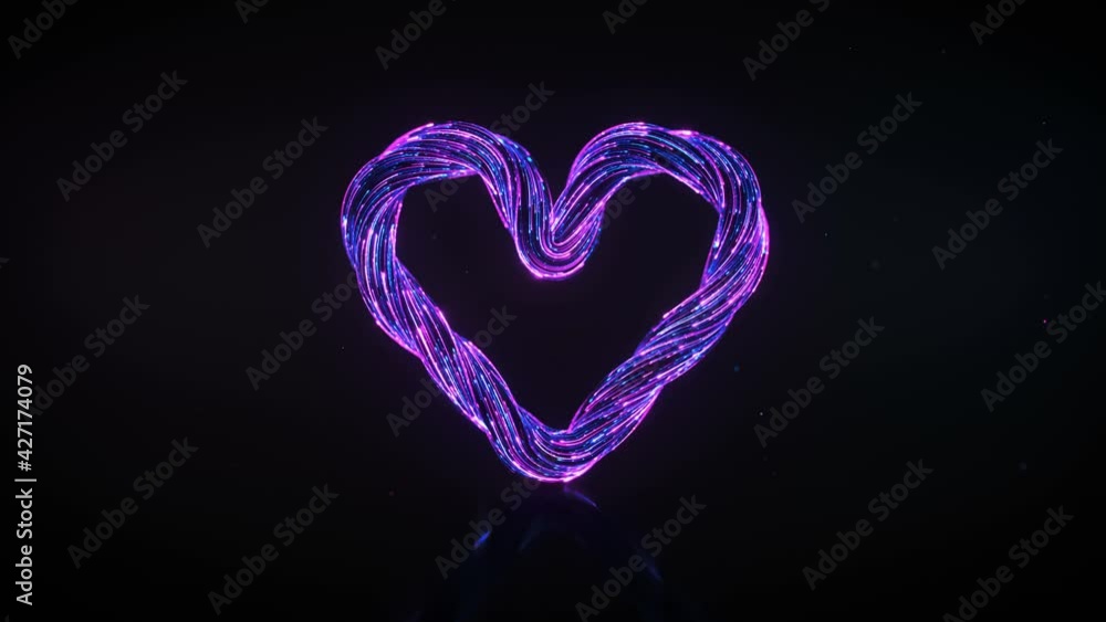 Poster heart shape of ultraviolet light trails. 3d render seamless loop animation