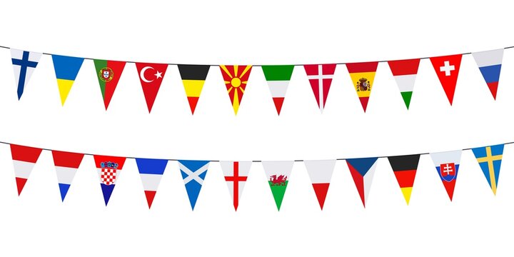 Bannières de guirlandes avec fanions de différents pays européens sur fond blanc 