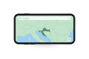 Searching map of Croatia in Smartphone map application. Map of Croatia in Cell Phone.