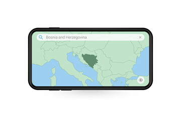 Searching map of Bosnia and Herzegovina in Smartphone map application. Map of Bosnia and Herzegovina in Cell Phone.
