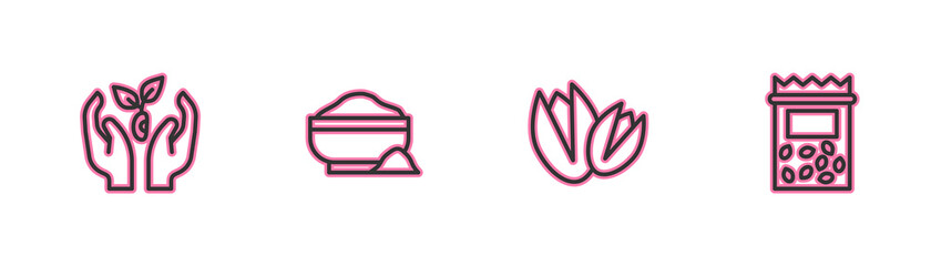 Set line Plant in hand, Pistachio nuts, Flour bowl and Pack full of seeds of plant icon. Vector