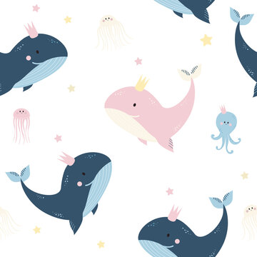Seamless patterns with sea animals. Cute blue and pink whale, jellyfish and octopus on a light background. Vector. For design, decoration, printing, textiles, packaging and wallpaper