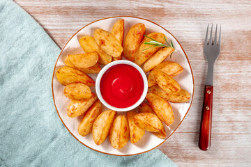 Baked potato wedges with a fork and a napkin, overhead flat lay shot