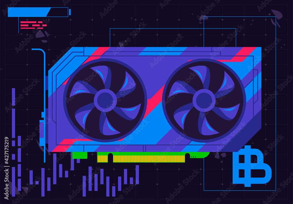 Poster vector illustration of a computer video card with a flat interface design, mining cryptocurrency usi