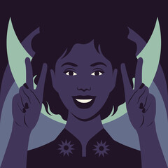 A young African woman smiles and shows a victory sign. The modern happy witch on a fashion mystical background with moon. Vector flat illustration
