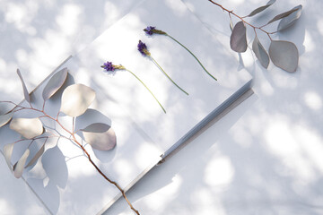 自然光と植物の影が差し込む、白のファブリックに置かれた本 - obrazy, fototapety, plakaty