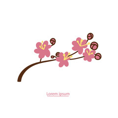 Japanese plum blossom branch with hand-drawn leaves on a white isolated background. A blooming element for the design of postcards, invitations, banners. Vector flower illustrations.