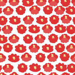 Seamless vector pattern of red Japanese camellias and petals on a white background. Hand-drawn flowers. Template for typography.