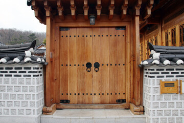 The gate of a hanok with a handle. in Seoul, South Korea. Feb. 9, 2021