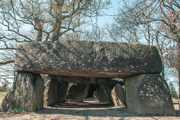 Massive stone at the entry of the largest dolmen in the world at la roche aux fees in Brittany
