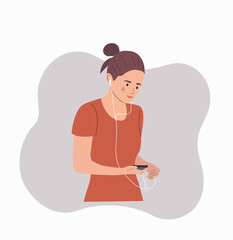 Happy young woman listening to music with headphones. Vector flat style illustration