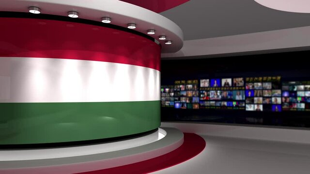 TV studio. Hungary. Hungary flag. News studio.  Loop animation. Background for any green screen or chroma key video production. 3d render. 3d 