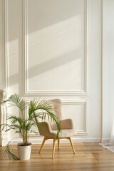 A beige armchair in a retro style stands near a green flower in a pot. Modern beige interior, vertical orientation