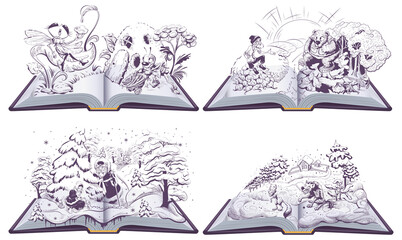 Fairy tale set open book illustration. Wolf and fox, old man and bear