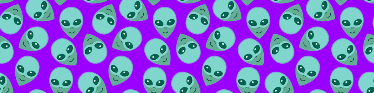 Seamless pattern with Aliens green heads. UFO, Humanoids endless backdrop isolated. Smiling visitors, Martians. Vector illustration, wallpaper on theme of space, conspiracy theory, Sci-fi, fantastic
