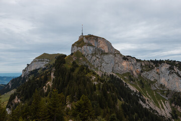 Fototapeta premium Mountain station on the mountain Hoher Kasten in the Appenzell region during a moody day (Appenzell, Switzerland, Europe)