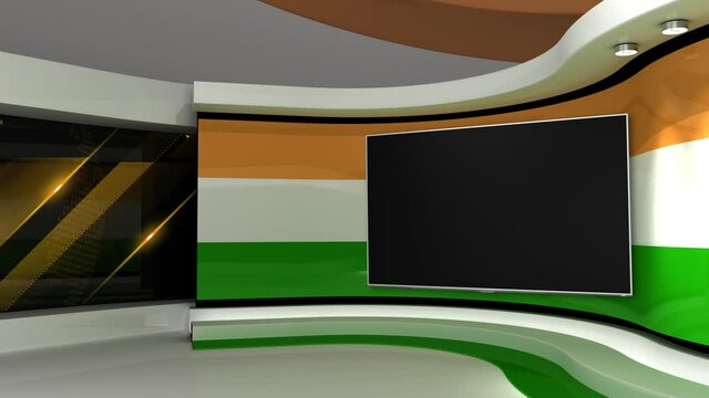 TV studio. Orange, white and green lines. News studio. Background for any green screen or chroma key video production. 3d render. 3d 