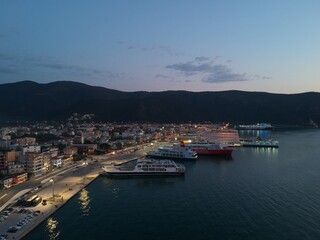 Fototapeta na wymiar Aerial view igoumenitsa city greece port at the evening to travel in italy and to corfu island