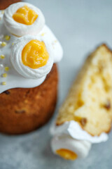 On a gray wooden table and Easter cake, sweet table for the holiday, Easter holiday, Easter decor. High quality photo.