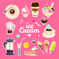 Sweets Cafe Set. Pastry, Coffee and Ice Cream Design.