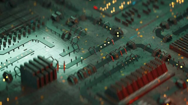 Metallic green sci-fi technical plate. Abstract futuristic industry concept. Seamless loop 3D render animation with DOF