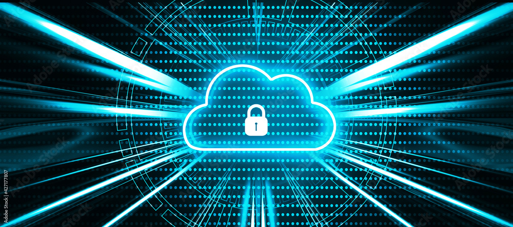 Poster cloud with pad lock in digital background. cloud computing security concept. 3d illustration.