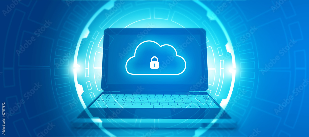 Poster laptop computer with cloud security. cloud computing security concept. 3d illustration.