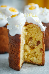 On a gray wooden table and Easter cake, sweet table for the holiday, Easter holiday, Easter decor. High quality photo.