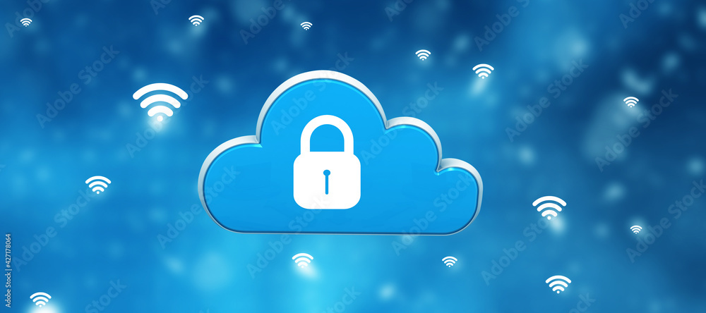 Poster cloud with pad lock in digital background. cloud computing security concept. 3d illustration.