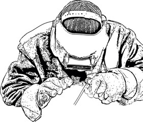 Black and white drawing of a welder at work