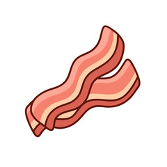 Fried bacon strips, doodle icon. Hand drawn cartoon illustration of meat food. Color isolated vector pictogram on white background