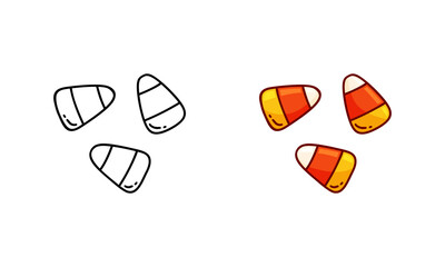 Candy corn doodle icon. Linear and color version. Hand drawn simple illustration of traditional Halloween treat. Contour isolated vector pictogram on white background - 427178247