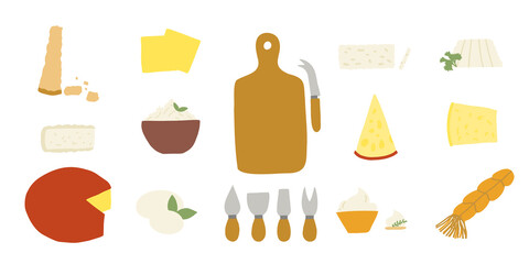 Hand drawn style vector illustration set of various cheeses and wooden cheese board with knives and fork. Isolated on white background.