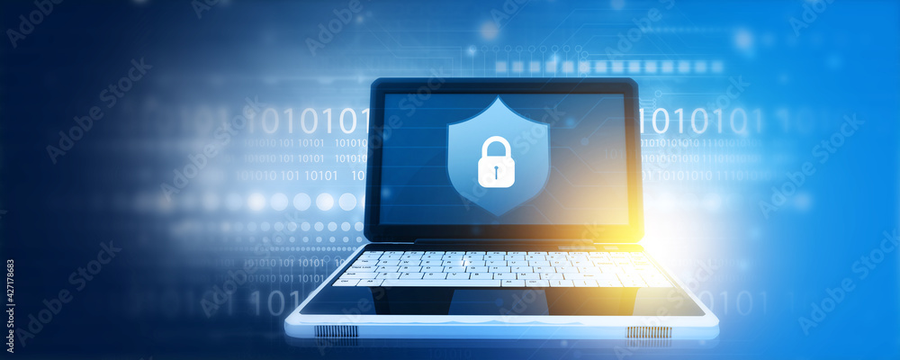 Poster laptop computer with security shield and lock pad icon. internet security concept. 3d illustration.