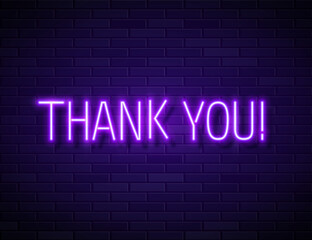 Thank You Realistic Neon Text Sign isolated on brick wall background