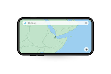 Searching map of Djibouti in Smartphone map application. Map of Djibouti in Cell Phone.