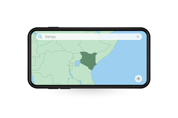 Searching map of Kenya in Smartphone map application. Map of Kenya in Cell Phone.