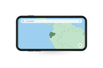Searching map of Ecuador in Smartphone map application. Map of Ecuador in Cell Phone.