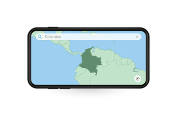 Searching map of Colombia in Smartphone map application. Map of Colombia in Cell Phone.