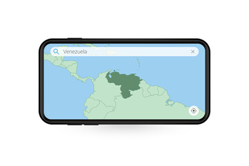 Searching map of Venezuela in Smartphone map application. Map of Venezuela in Cell Phone.