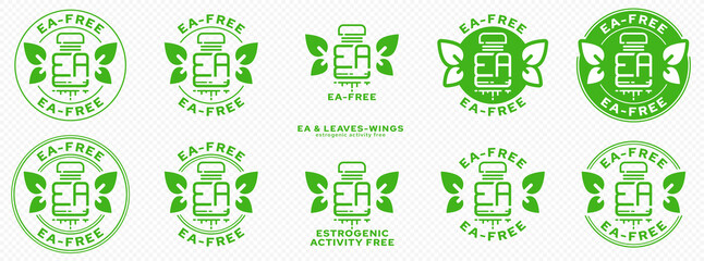 Fototapeta na wymiar Concept for plastic products. Labeling - no estrogenic activity. A plastic EA bottle with leaves-wings and a flowing line - a symbol of freedom from estrogenic activity. Vector grouped elements.