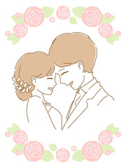 おでこをくっつけてほほ笑む新郎新婦　上下フレーム付き
