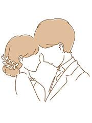 おでこをくっつけている新郎新婦　表情なし
