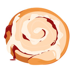 vector illustration of a bun with cinnamon jam and cream on top, isolated on a white background