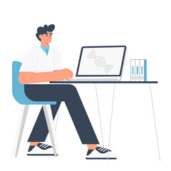 A young man sits at a table in front of a laptop monitor. Trendy minimalistic flat vector illustration on isolated white background.