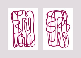 Boho art print set. Modern mid century posters, wall decoration, contemporary one line wallpapers. Vector illustration