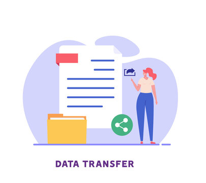 Woman send files for business. Concept of sharing file, data transfer, transfer of documentation, cloud service, file management, electronic document management. Vector illustration in flat design